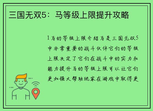 三国无双5：马等级上限提升攻略
