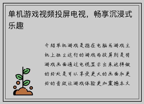 单机游戏视频投屏电视，畅享沉浸式乐趣